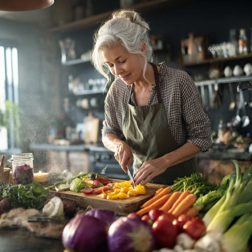 Middle-aged woman preparing healthy meal with fresh vegetables in modern kitchen