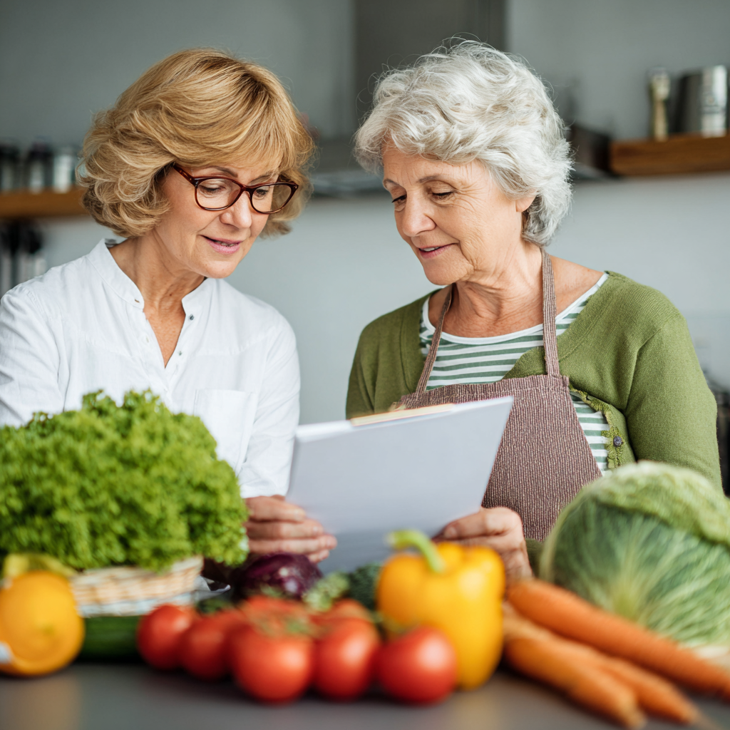 Senior nutritionist consulting with middle-aged client about healthy meal planning
